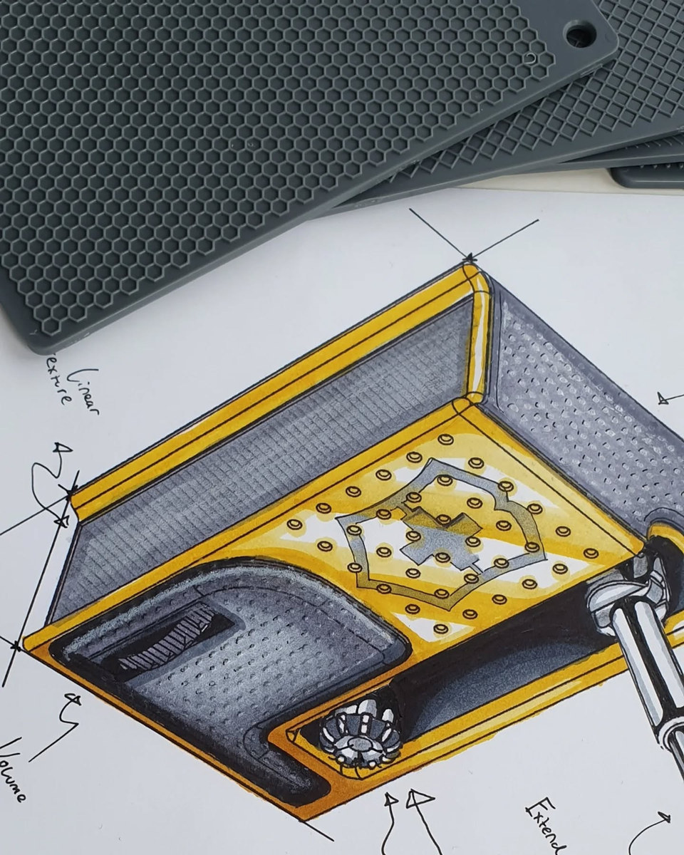 Yellow portable record player with patterned interior surfaces by Leo & Natalia