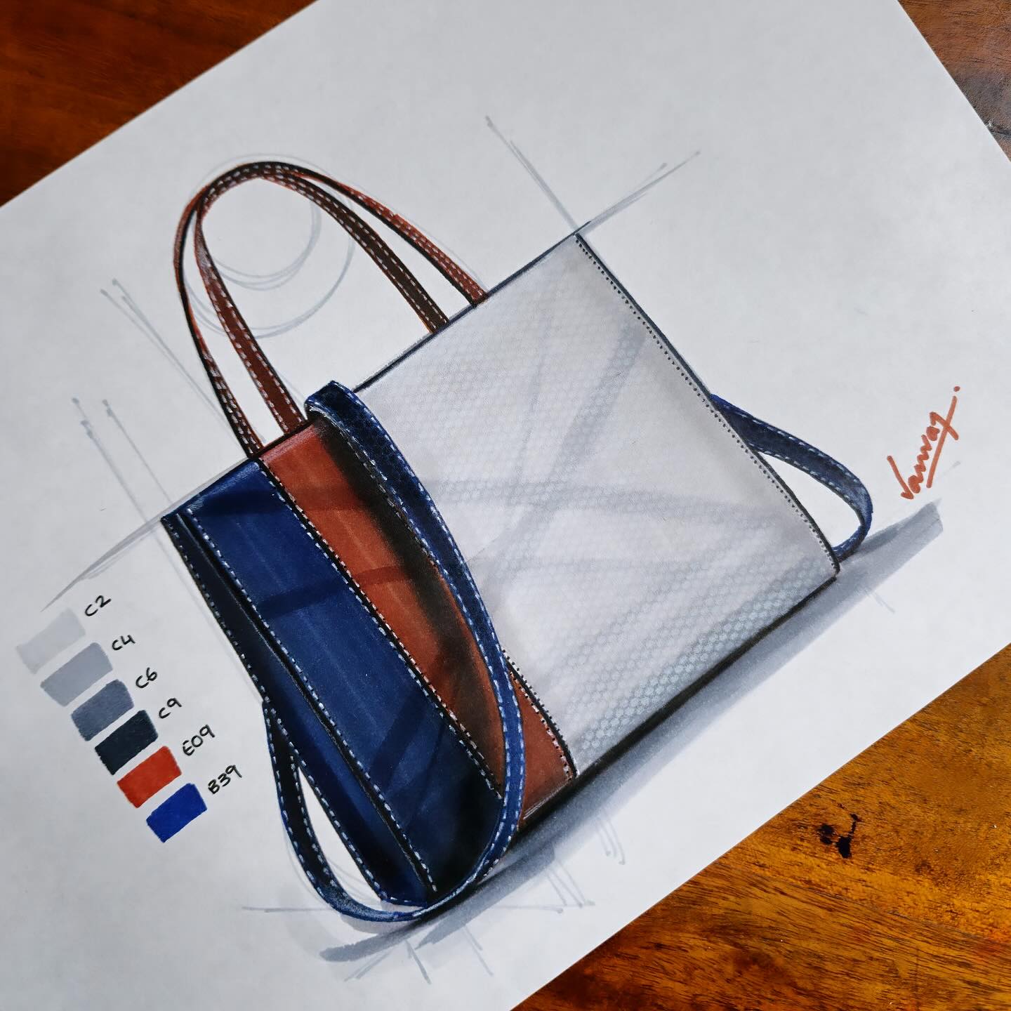 White and navy tote bag sketch by Dr. Kanvar Nayer