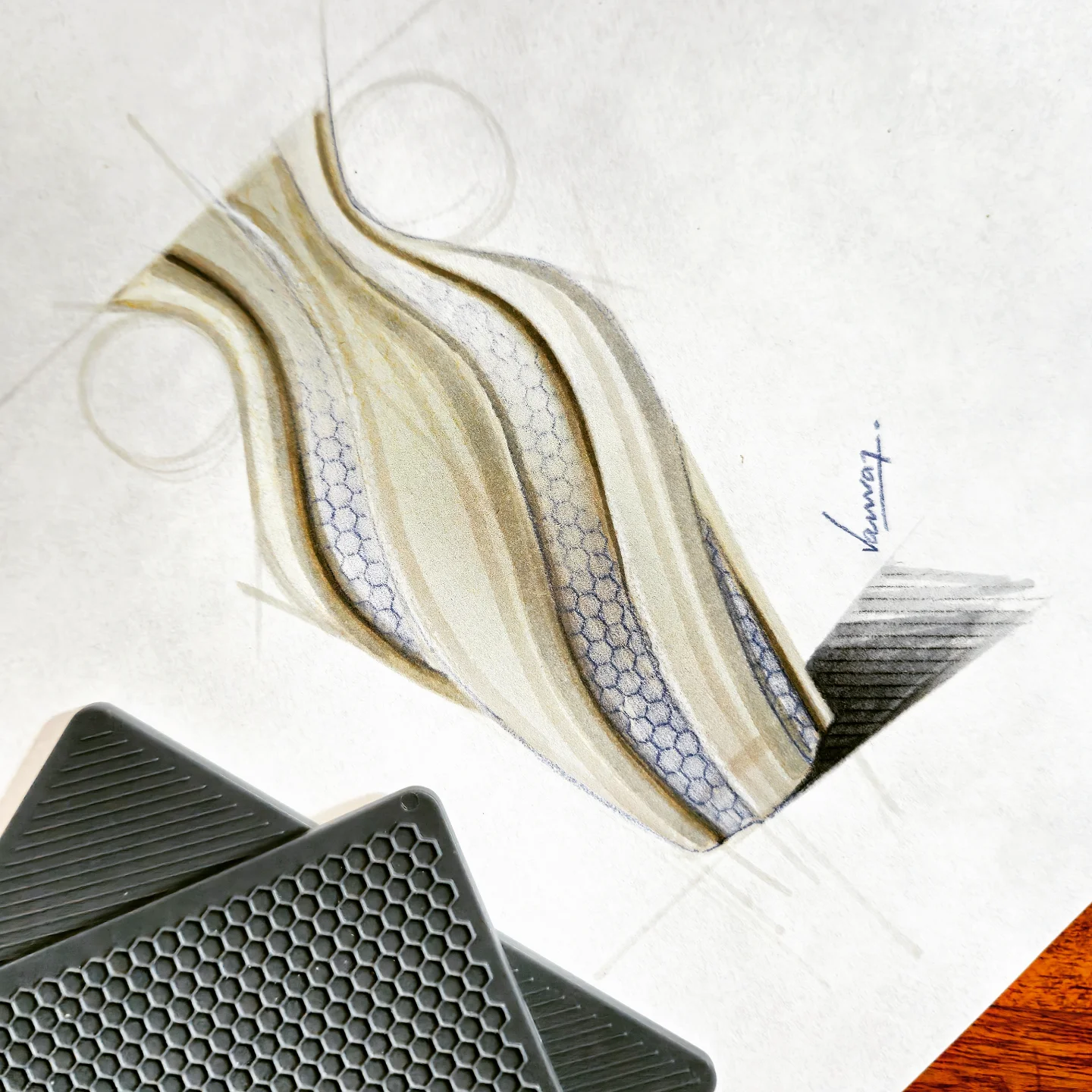 Twisted vase sketch with patterned bands by Dr. Kanvar Nayer