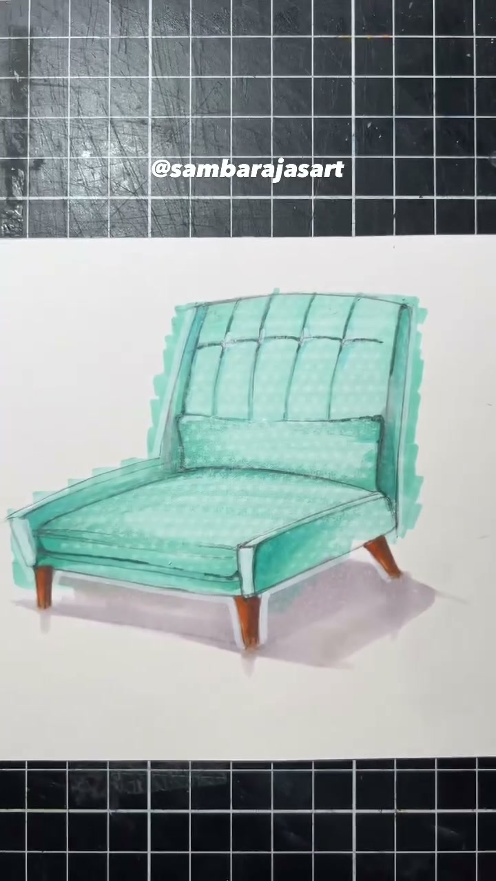 Turquoise upholstered armchair sketch by Sam Barajas