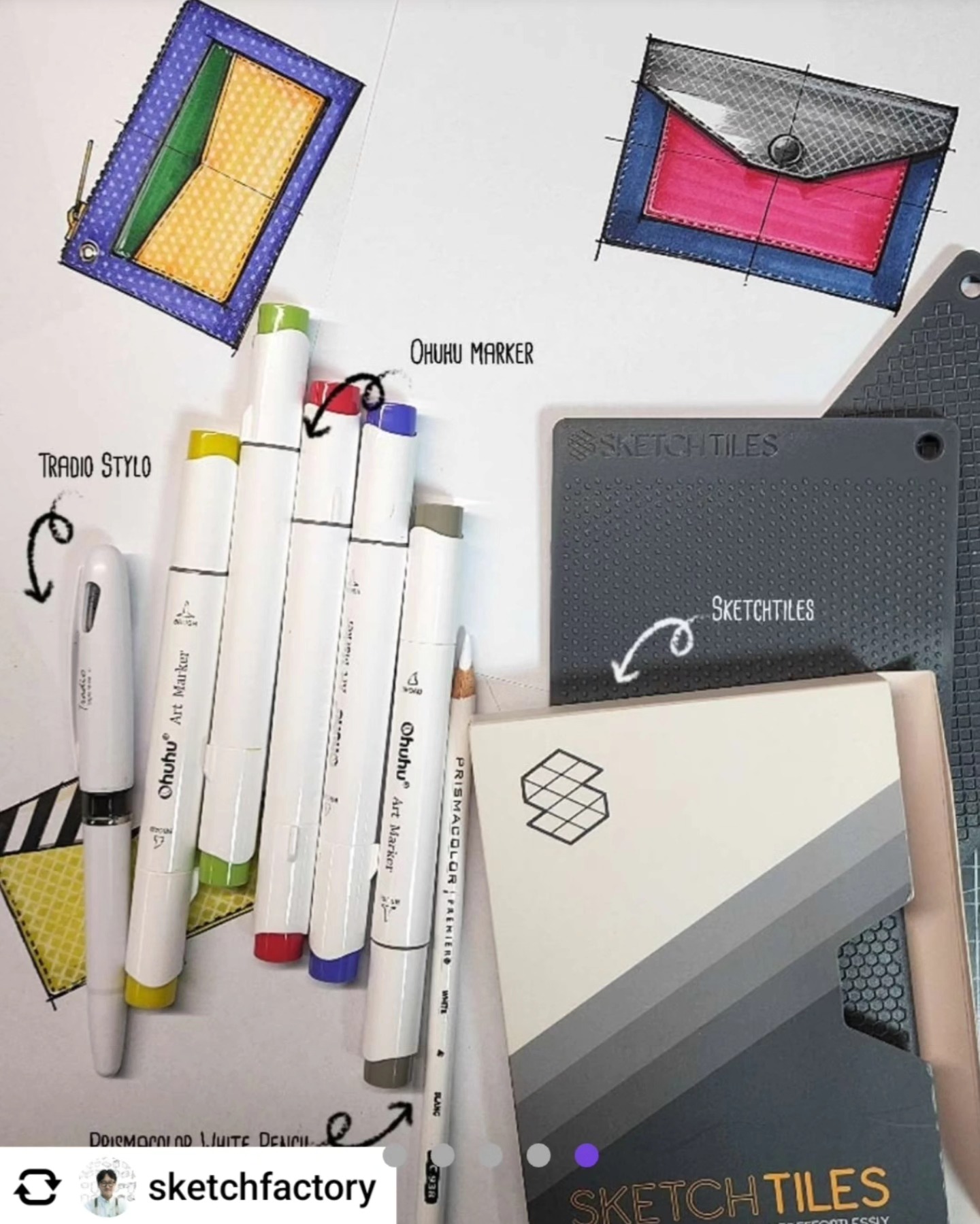 Wallet studies beside the tiles and drawing tools by Jeongmo Han