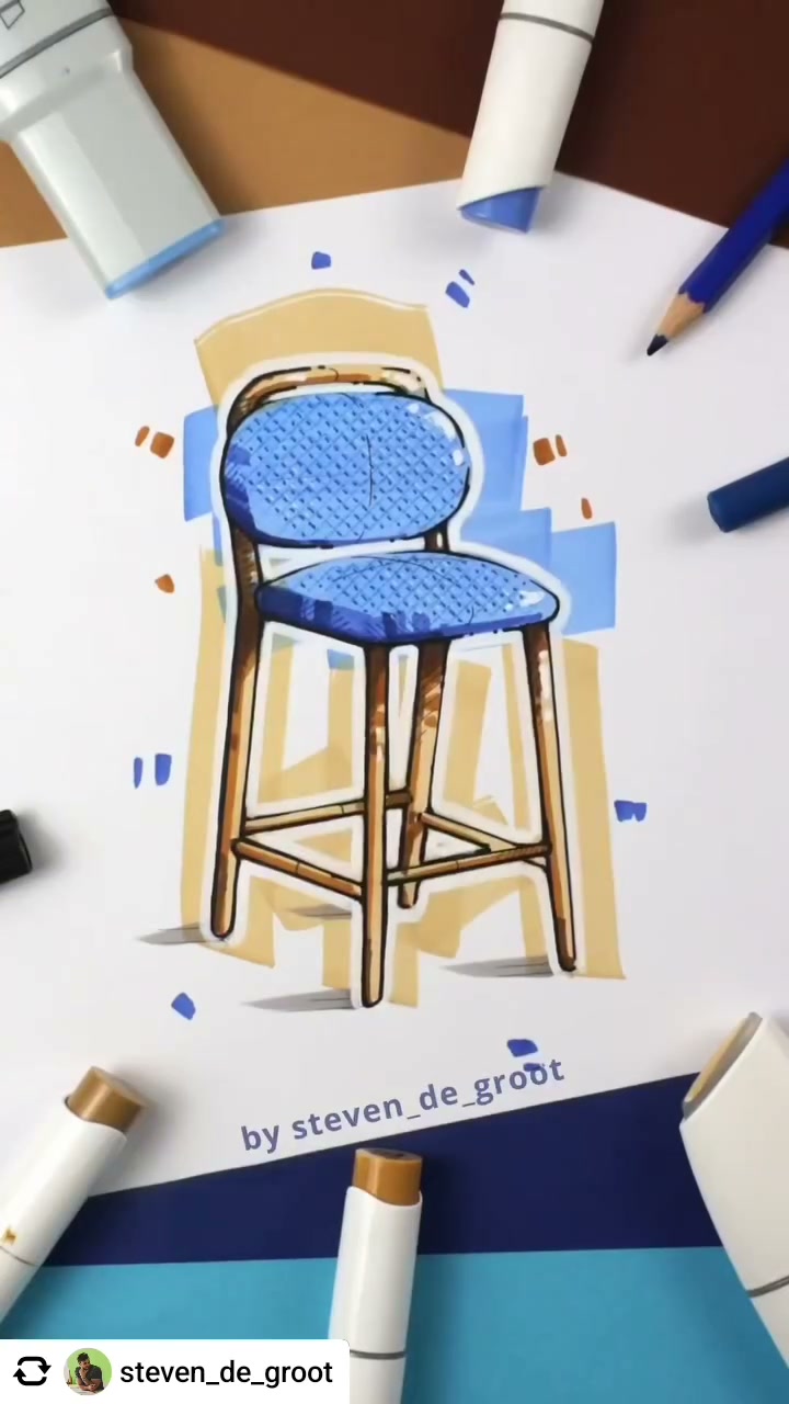 Blue upholstered bar stool sketch (video still) by Steven de Groot