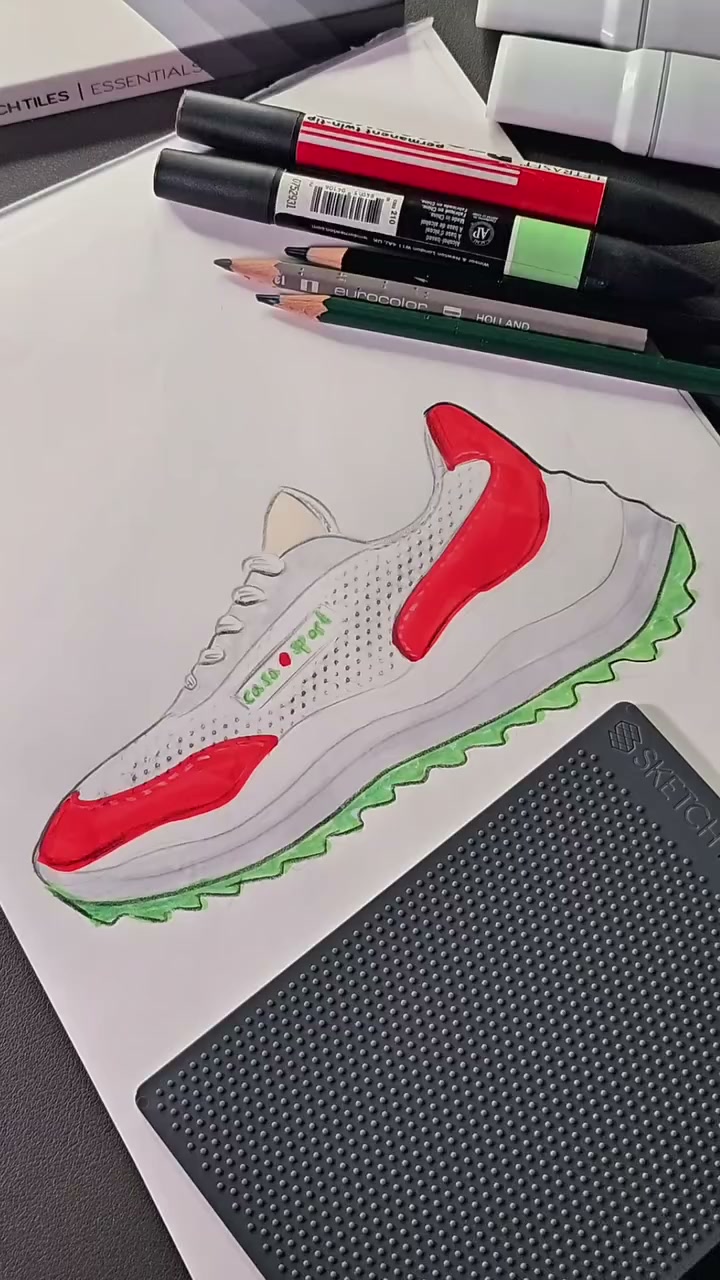 Finished sneaker sketch with mesh texture beside the Isometric Dot Grid Tile.