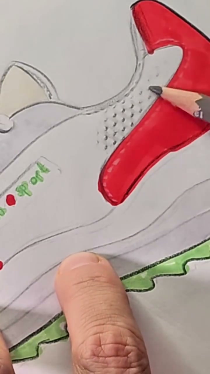 Pencil rubbing dotted texture into a narrow sneaker panel.