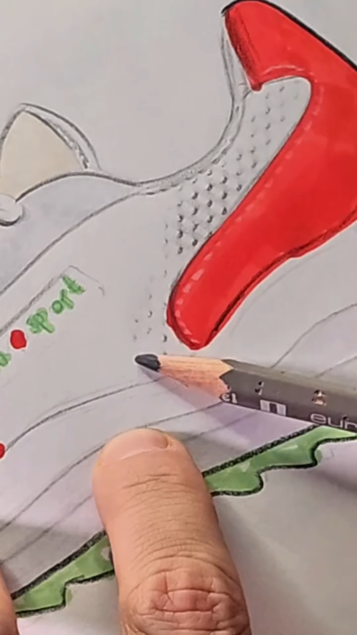Dotted pencil texture on the pale sneaker panel.
